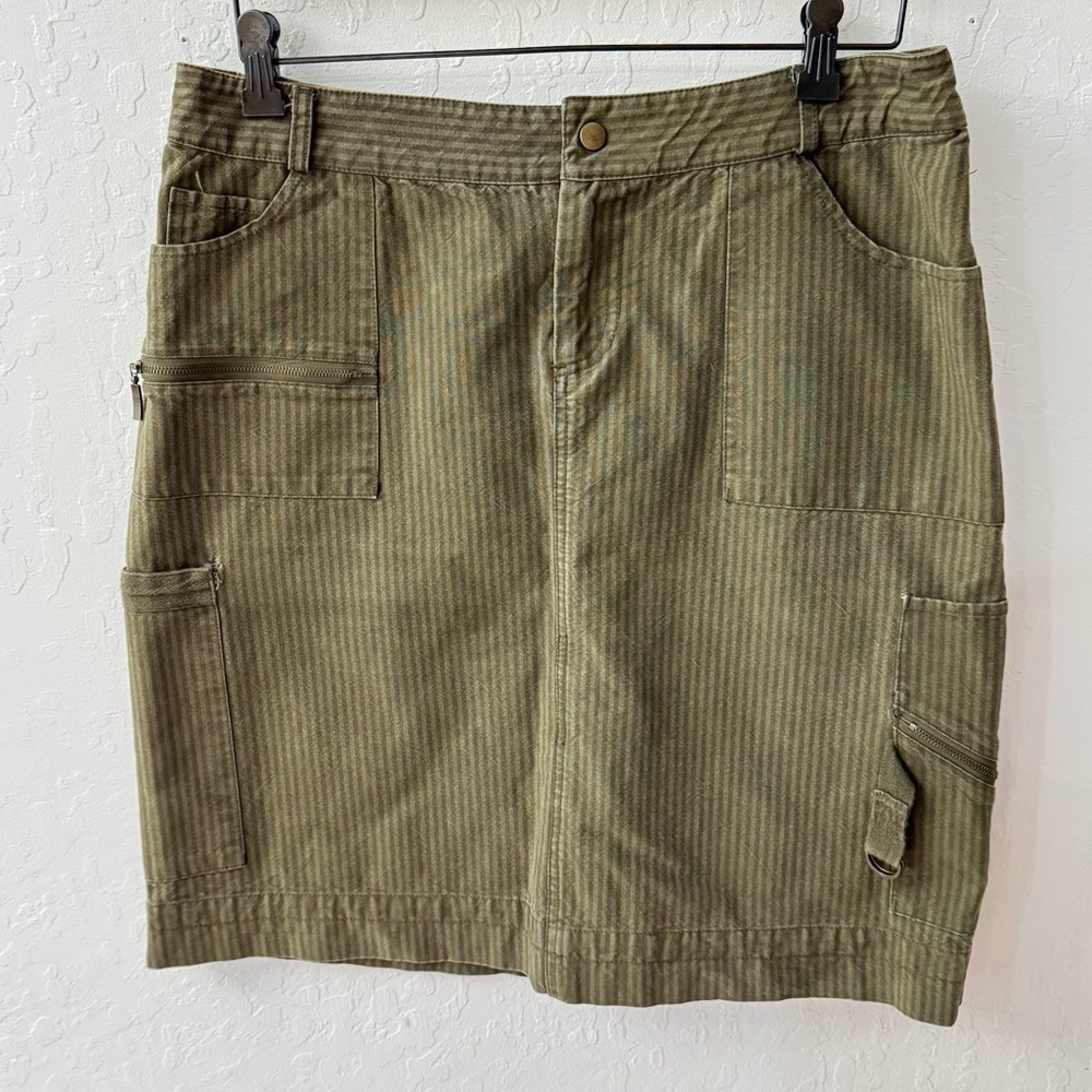 Vintage Clio Striped Green Cargo Buckle Pockets Back Slit Skirt Size 14